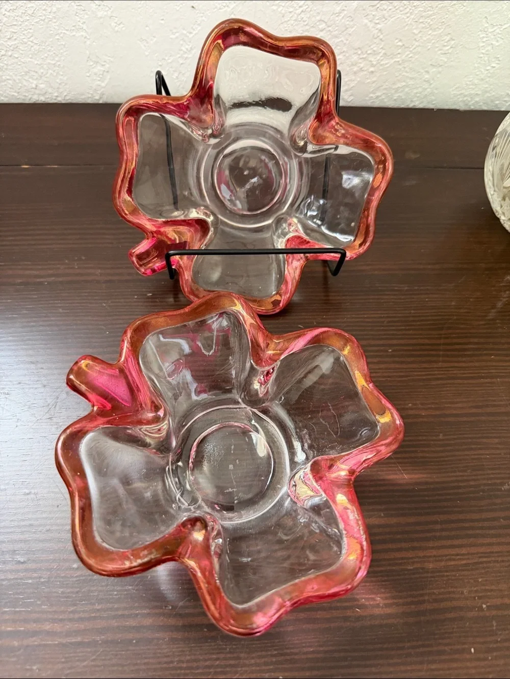 2 vintage irish 4 leaf clover pink rimmed clear glass dish candy🔥